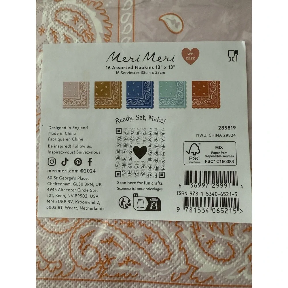 Meri Meri Western Multicolor Bandana‎ Paper Napkins Scalloped 2 Packs Of 16 New